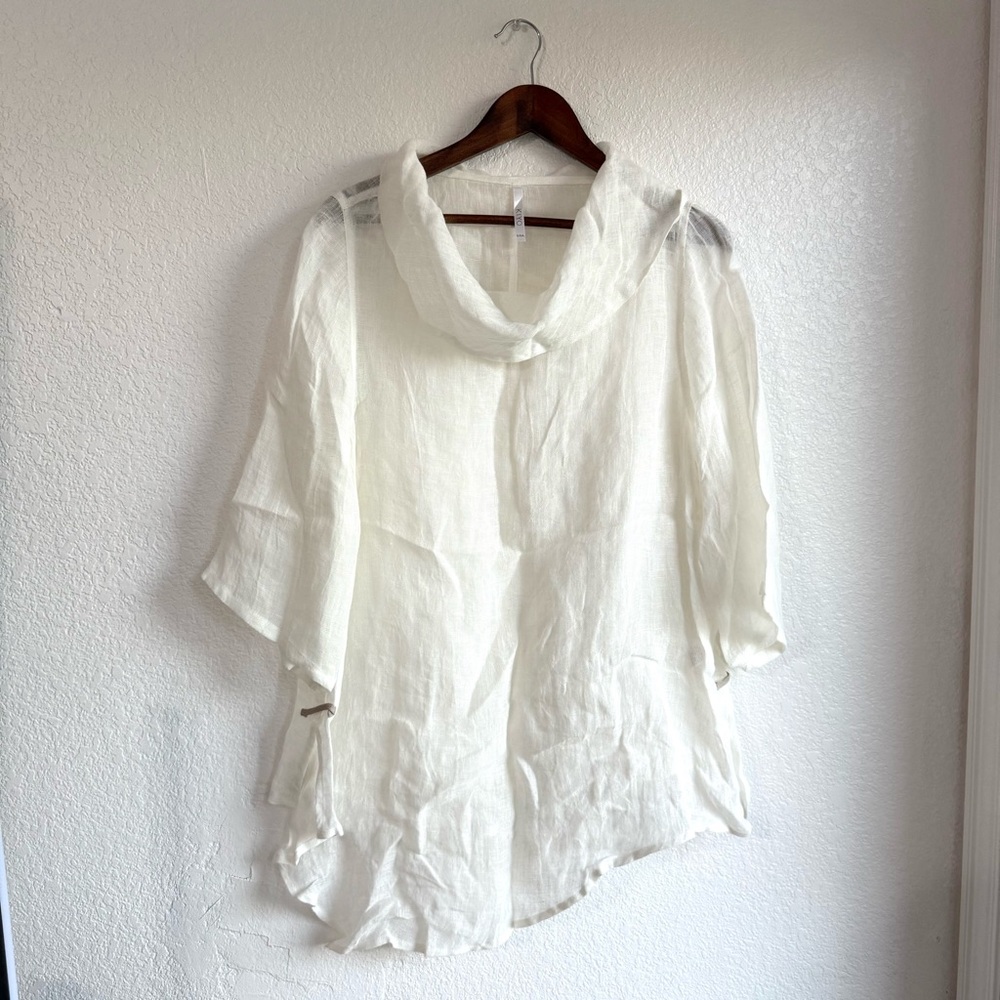 Kiyo Womens Shirt Tunic White Semi Sheer Gauzy Half Sleeve Cowl Neck Size Large